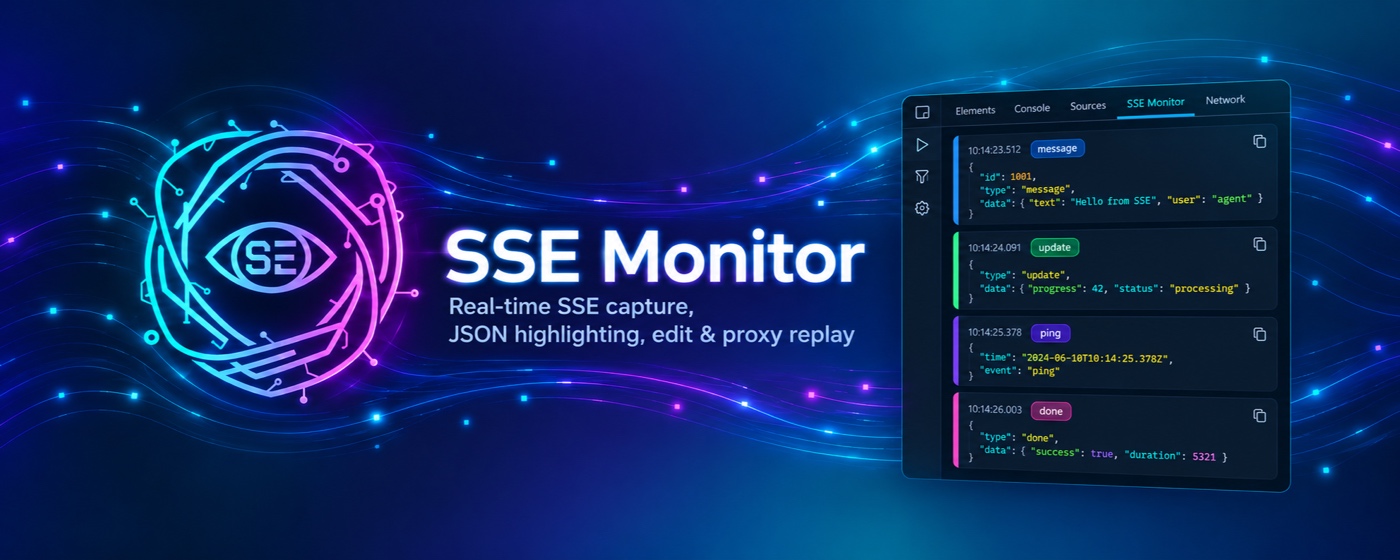 SSE Monitor 宣传图：DevTools 面板中实时展示 SSE 事件帧